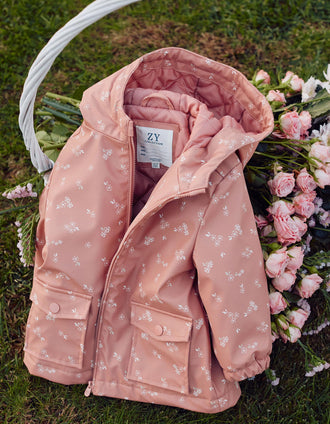 Padded rubber parka with hood for baby girls, pink