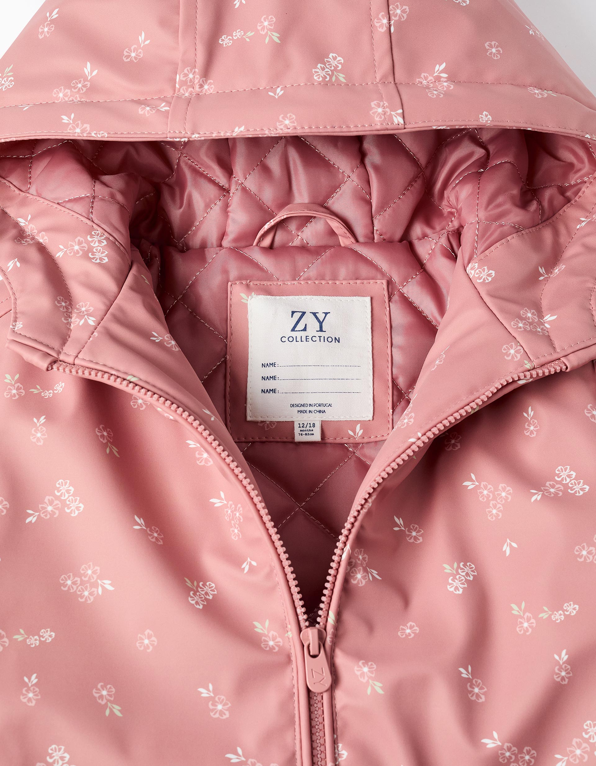 Padded rubber parka with hood for baby girls, pink