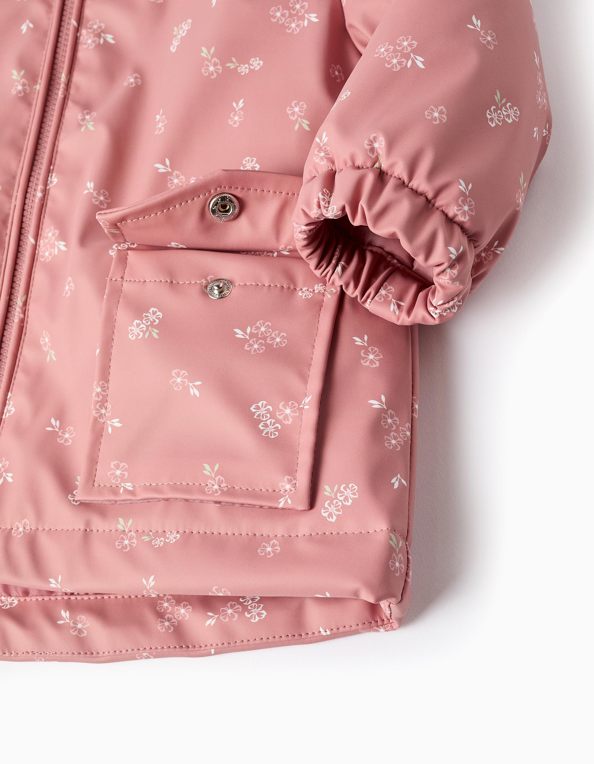 Padded rubber parka with hood for baby girls, pink