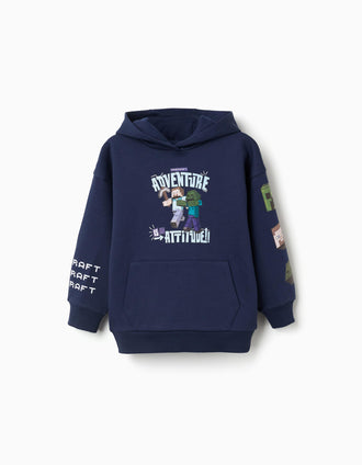 Sweat en coton peigné à capuche et imprimé Minecraft pour garçon, bleu