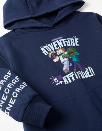 Sweat en coton peigné à capuche et imprimé Minecraft pour garçon, bleu