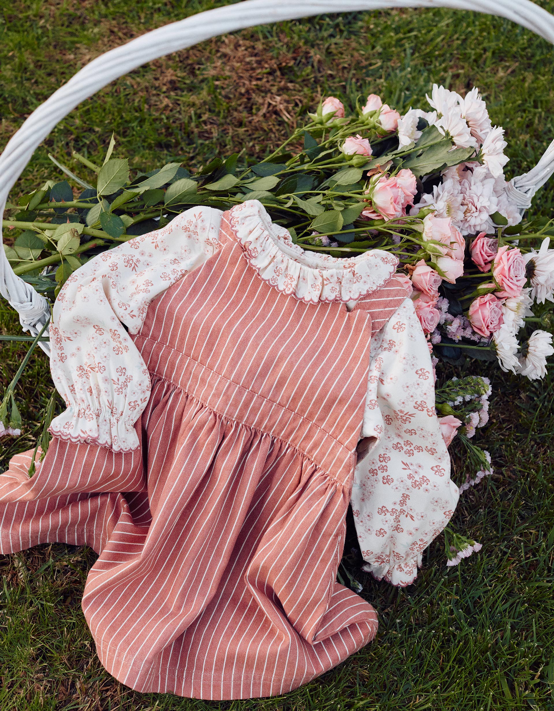 Robe salopette en sergé à rayures pour bébé fille, rose/blanc