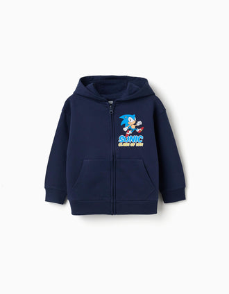Sweat zippé en coton peigné avec capuche et Sonic pour garçon, bleu foncé