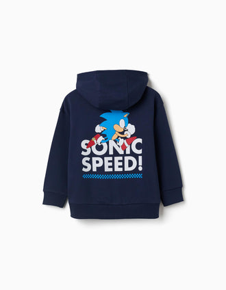 Sweat zippé en coton peigné avec capuche et Sonic pour garçon, bleu foncé