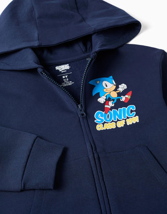 Sweat zippé en coton peigné avec capuche et Sonic pour garçon, bleu foncé