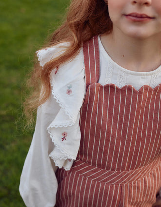 Jardineiras de sarja de algodão às riscas para menina, rosa/branco