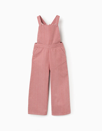 Jardineiras de sarja de algodão às riscas para menina, rosa/branco
