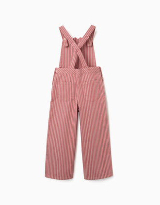 Jardineiras de sarja de algodão às riscas para menina, rosa/branco