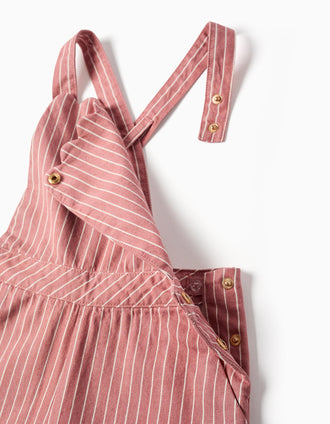 Jardineiras de sarja de algodão às riscas para menina, rosa/branco