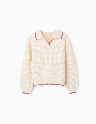 Camisola de malha de algodão com gola polo para menina, branco/rosa