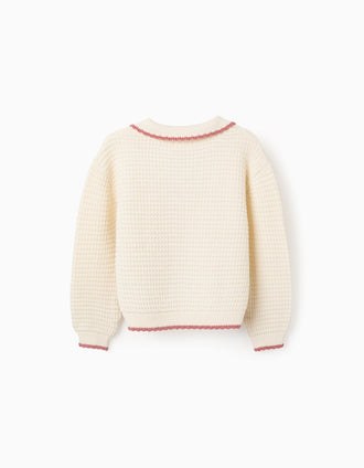 Camisola de malha de algodão com gola polo para menina, branco/rosa