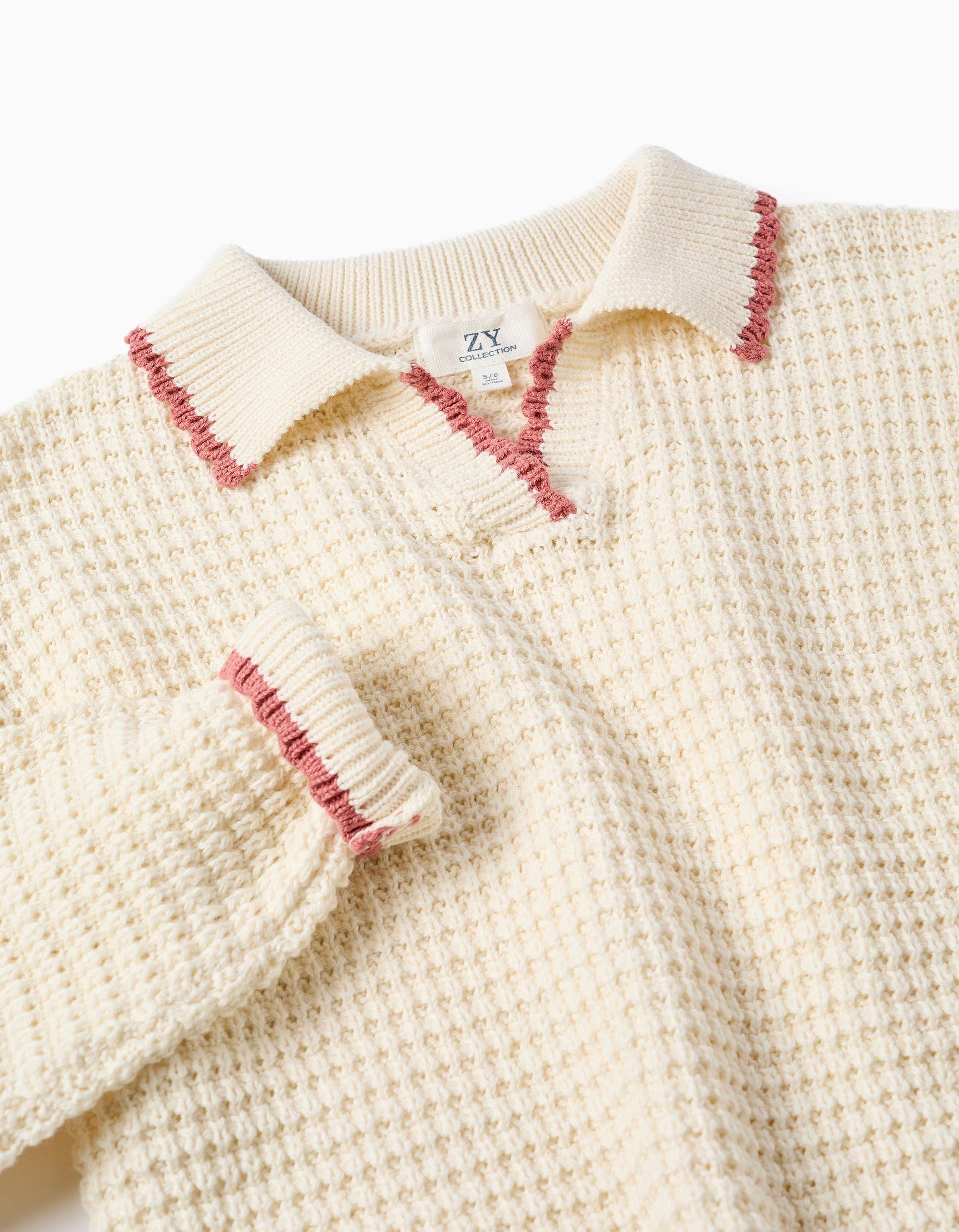 Jersey de punto de algodón con cuello polo para niña, blanco/rosa