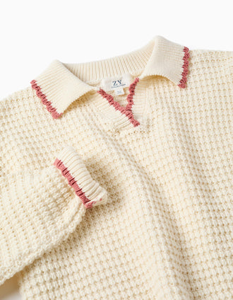 Camisola de malha de algodão com gola polo para menina, branco/rosa