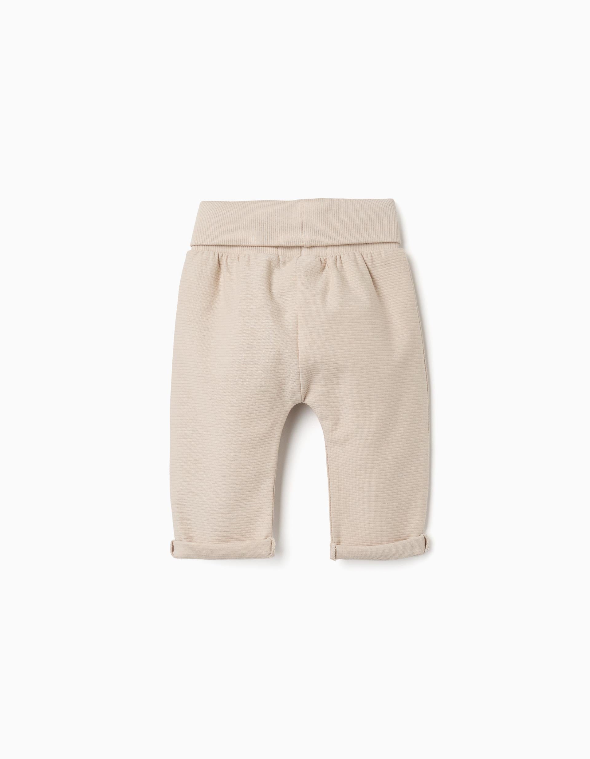 Pack of 2 plain/ribbed cotton trousers for newborns, white/beige