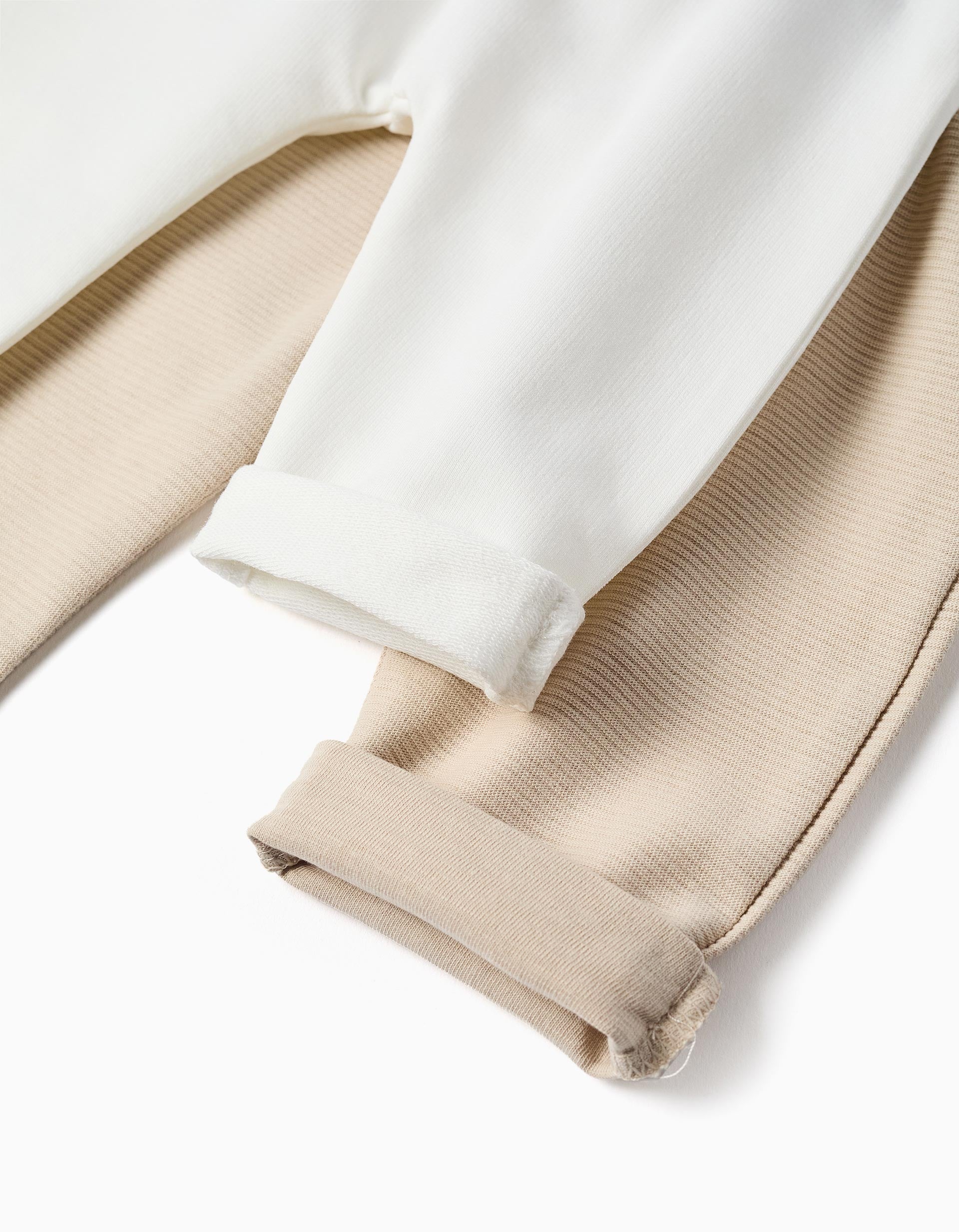 Pack of 2 plain/ribbed cotton trousers for newborns, white/beige