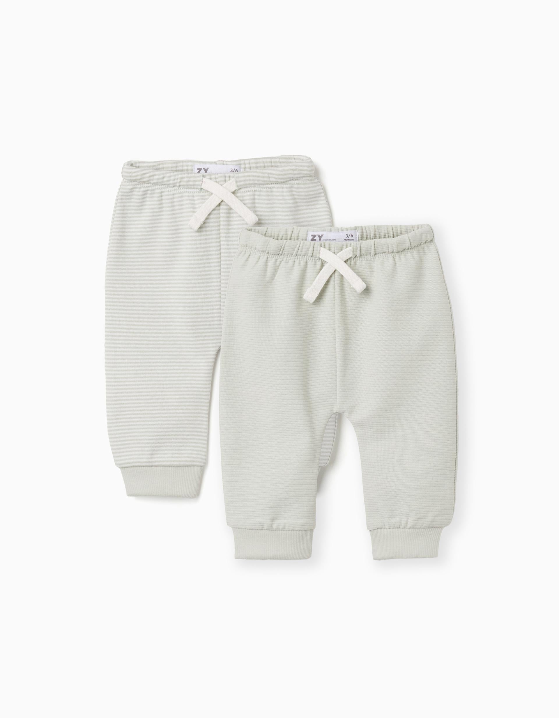 Pack of 2 plain/striped cotton trousers for newborn boys, white/green