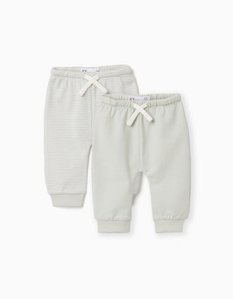 2 calças de algodão lisas/às riscas para recém-nascido, branco/verde