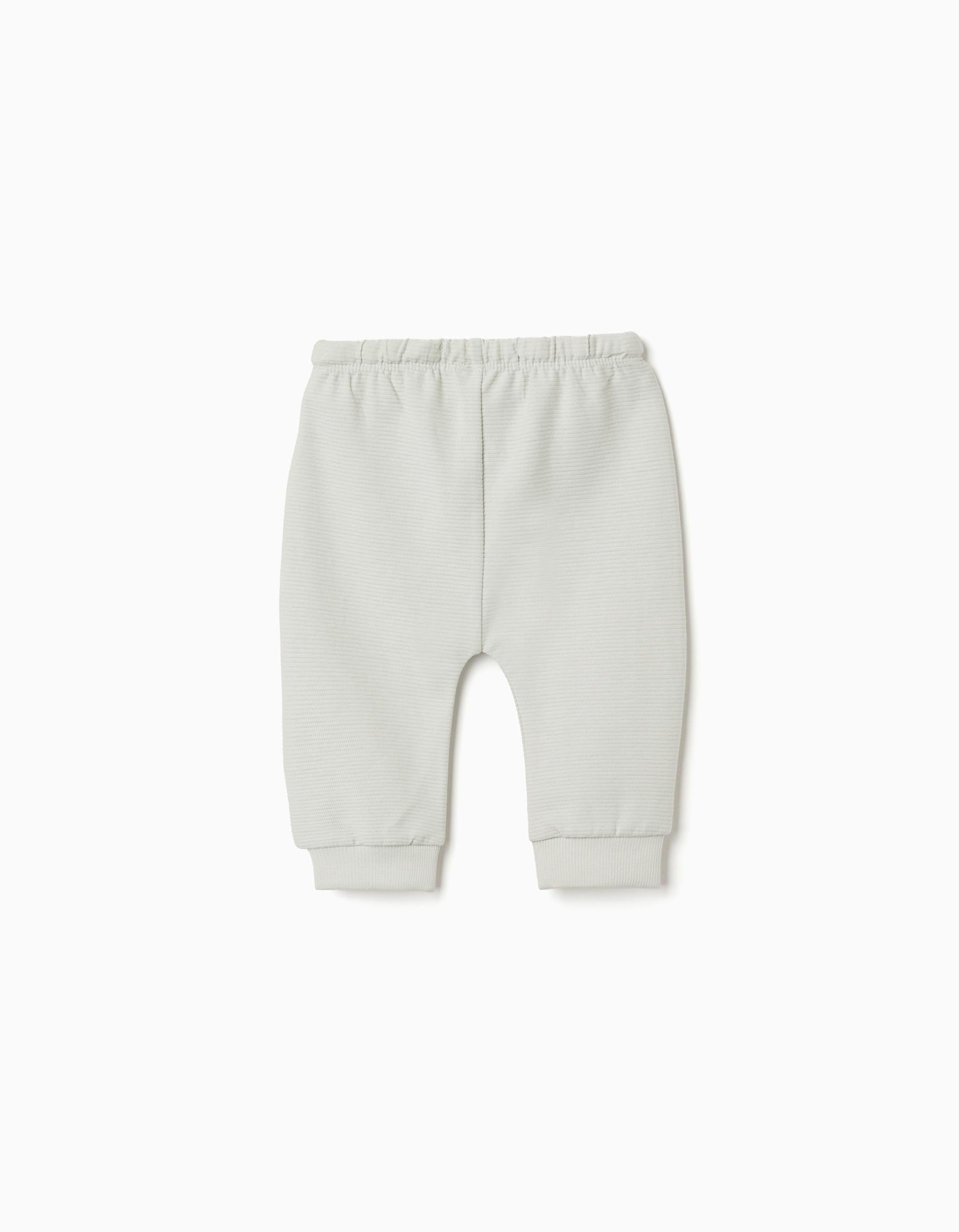 Pack of 2 plain/striped cotton trousers for newborn boys, white/green