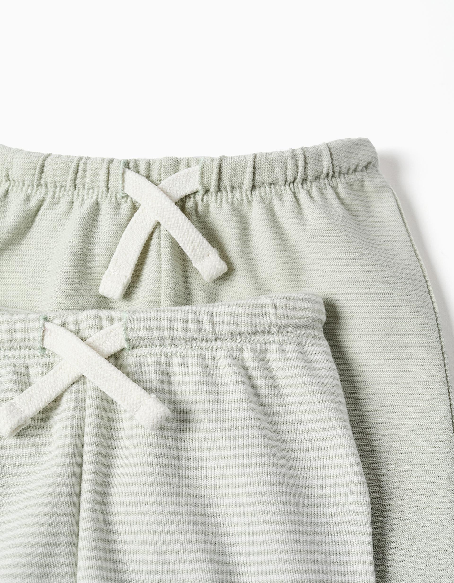 Pack of 2 plain/striped cotton trousers for newborn boys, white/green
