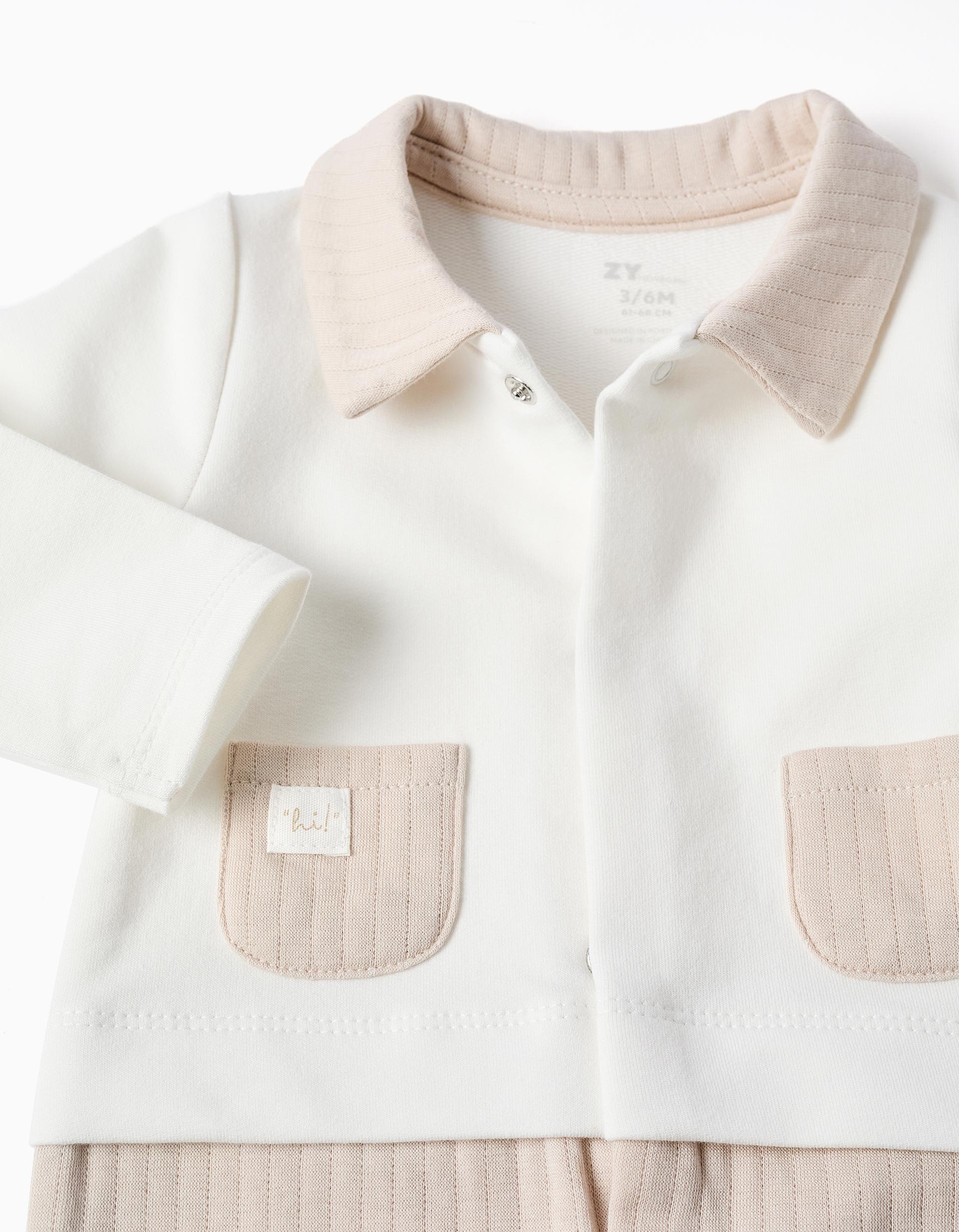 Babygrow sem pés em algodão acolchoado para recém-nascido, branco/bege