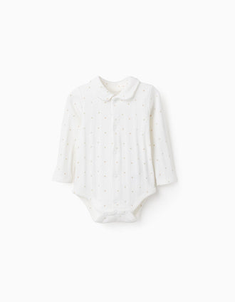 Long sleeve cotton bodysuit with heart motif for newborn girls, white