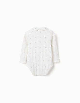 Long sleeve cotton bodysuit with heart motif for newborn girls, white
