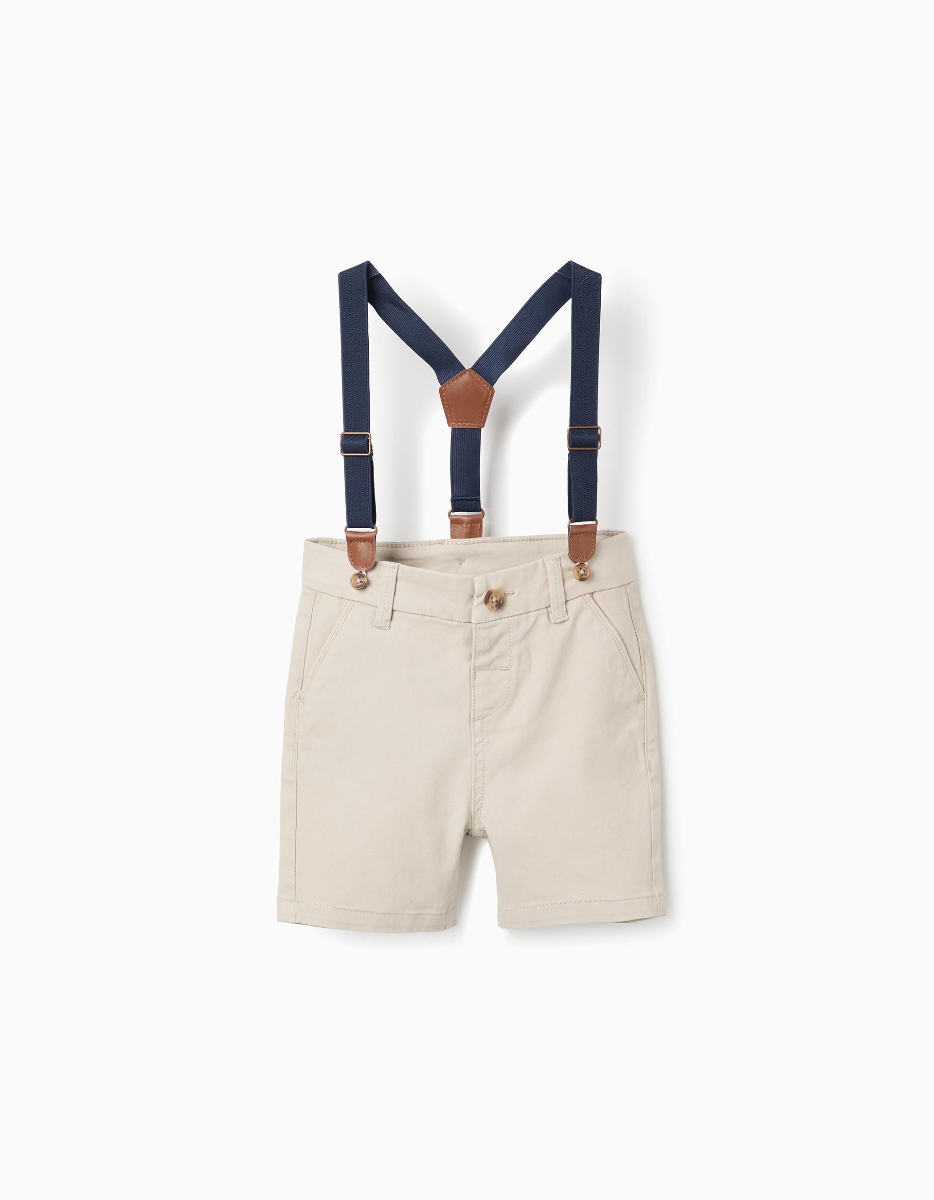 Midi twill shorts with removable braces for baby boys, light beige