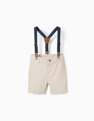 Bermudas midi de sarga con tirantes desmontables para bebé niño, beige