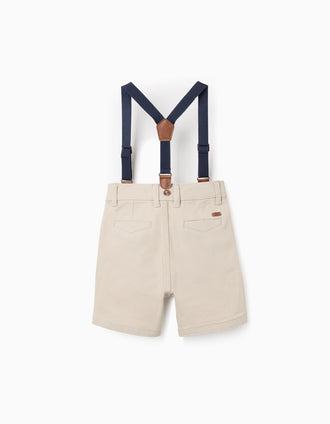 Bermudas midi de sarga con tirantes desmontables para bebé niño, beige