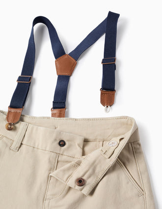 Bermudas midi de sarga con tirantes desmontables para bebé niño, beige