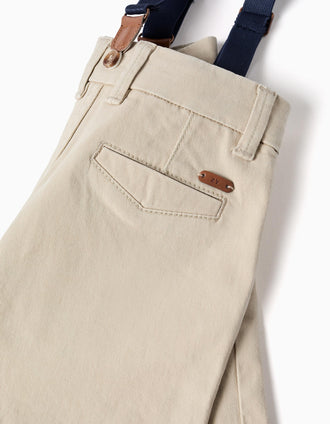 Bermudas midi de sarga con tirantes desmontables para bebé niño, beige