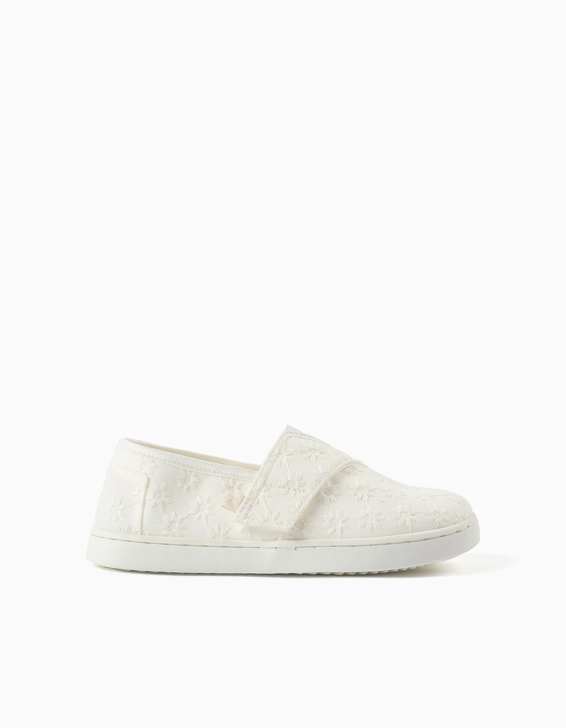 Alpercatas de linho com bordado floral para menina, branco