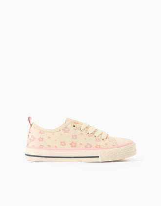 Canvas trainers with floral motif and laces for girls, light beige