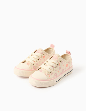 Canvas trainers with floral motif and laces for girls, light beige