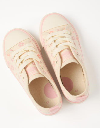 Canvas trainers with floral motif and laces for girls, light beige