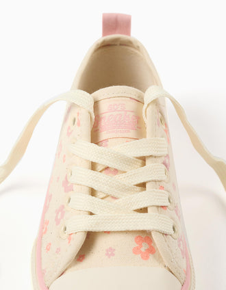 Canvas trainers with floral motif and laces for girls, light beige