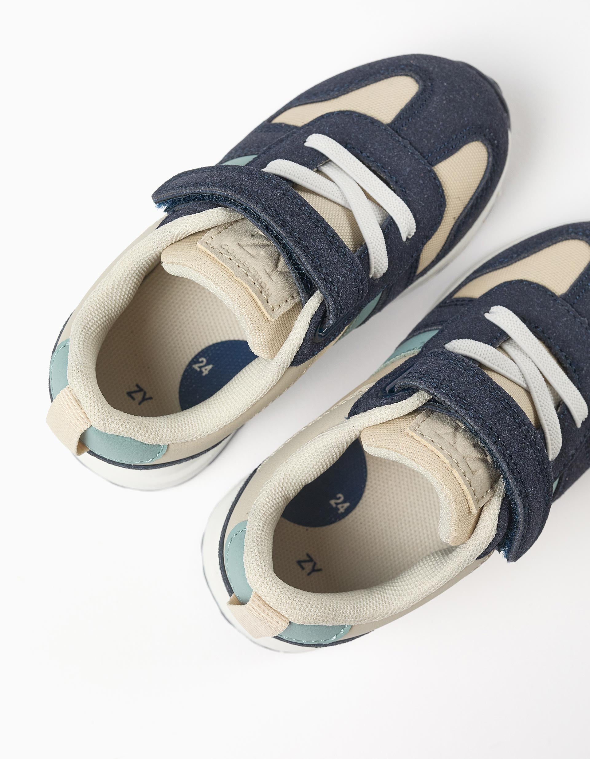 Sapatilhas combinadas com tira autoaderente para bebé menino, bege/azul