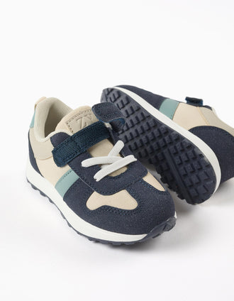 Combined trainers with touch-fastening strap for baby boys, beige/blue