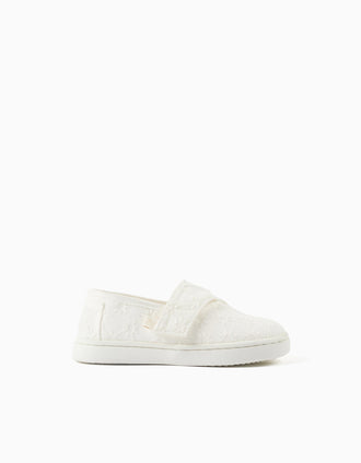 Linen espadrilles with floral embroidery for baby girls, white