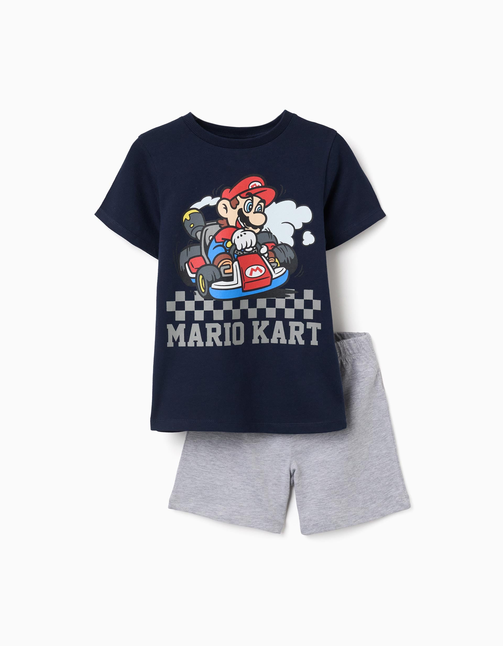 Pyjama court en coton avec imprimé Mario Kart pour garçon, bleu/gris