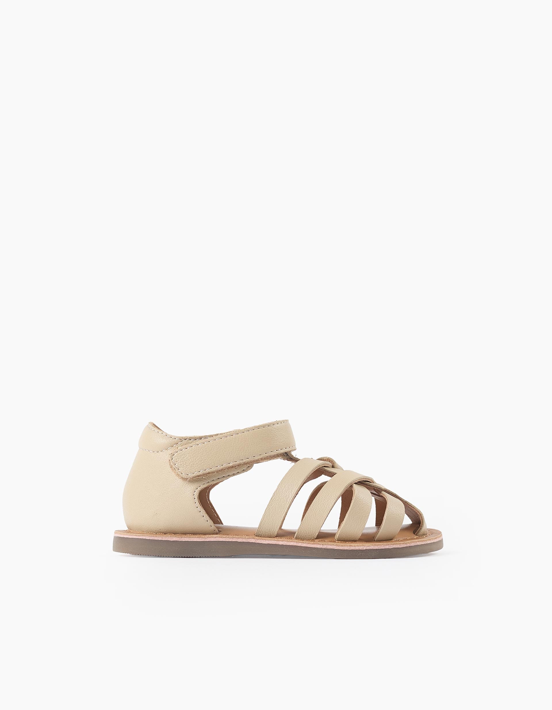 Leather fisherman sandals with crossed straps for baby girls, beige