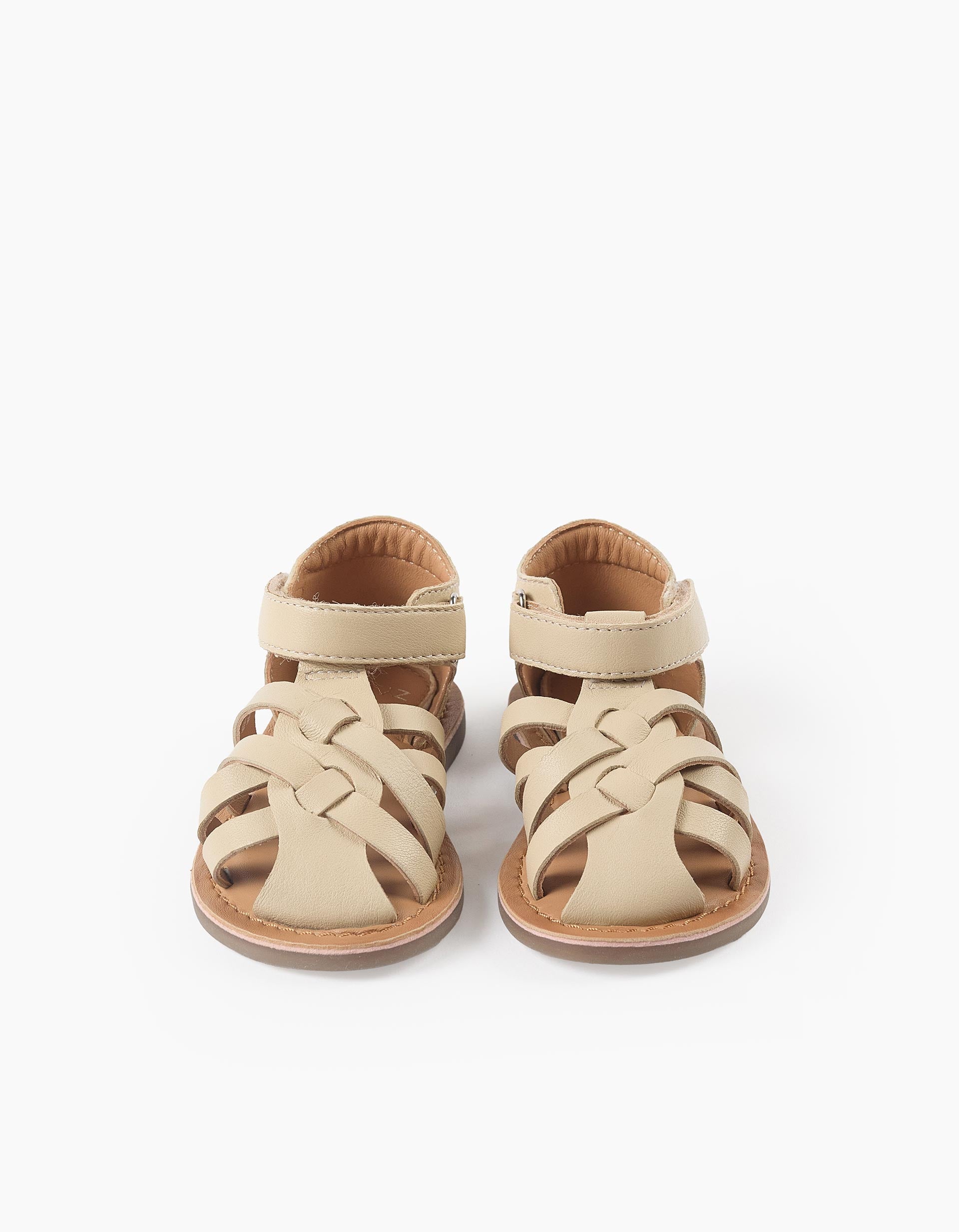 Leather fisherman sandals with crossed straps for baby girls, beige