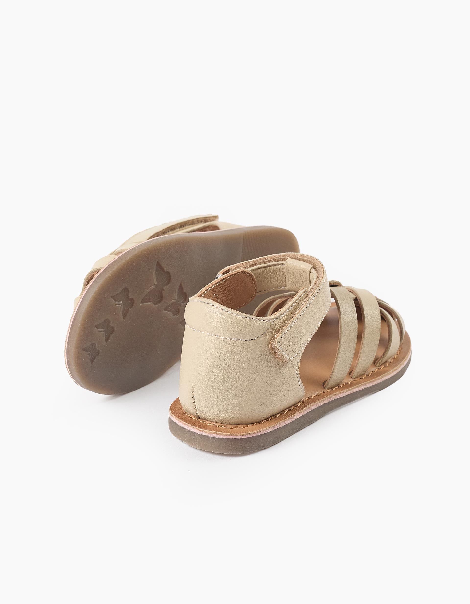 Leather fisherman sandals with crossed straps for baby girls, beige