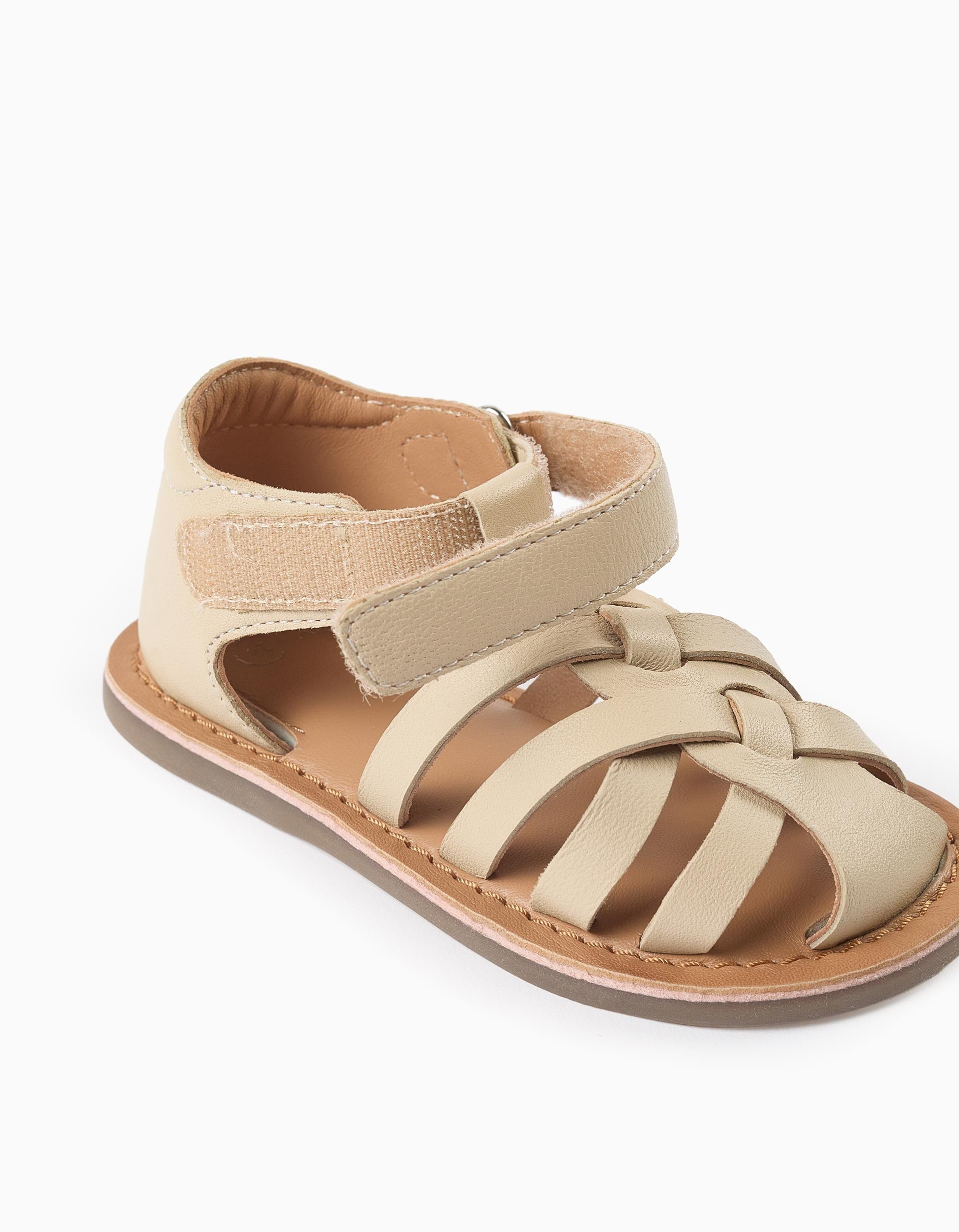 Leather fisherman sandals with crossed straps for baby girls, beige