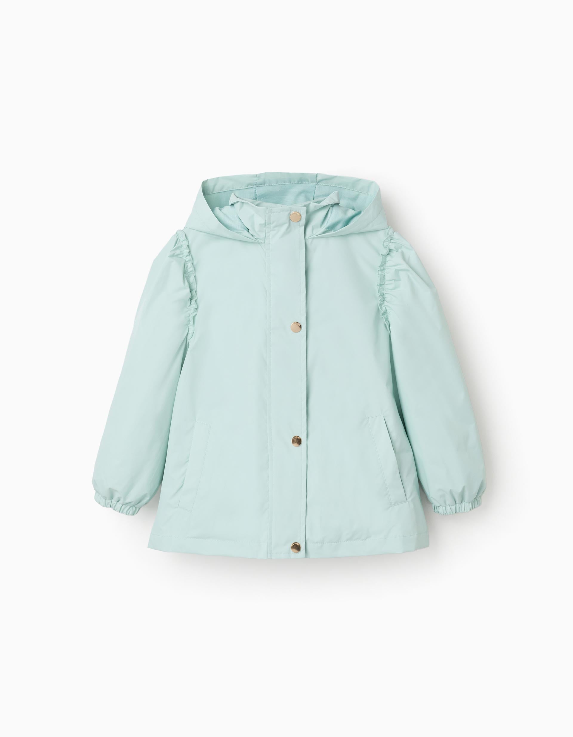 Casaco corta-vento com capuz e folhos para menina, azul-claro
