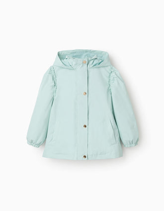 Chaqueta cortavientos con capucha y volantes para niña, azul claro