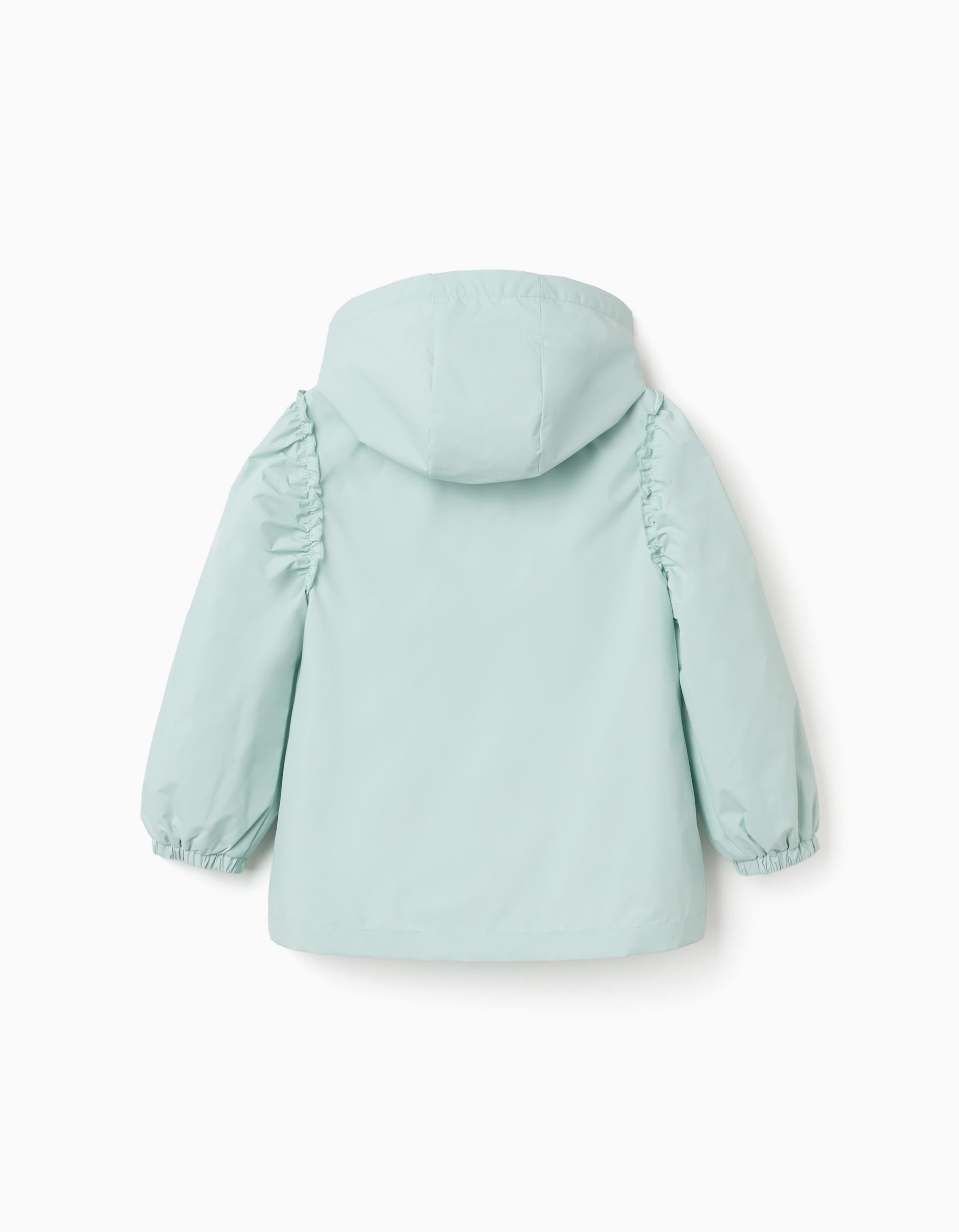 Casaco corta-vento com capuz e folhos para menina, azul-claro