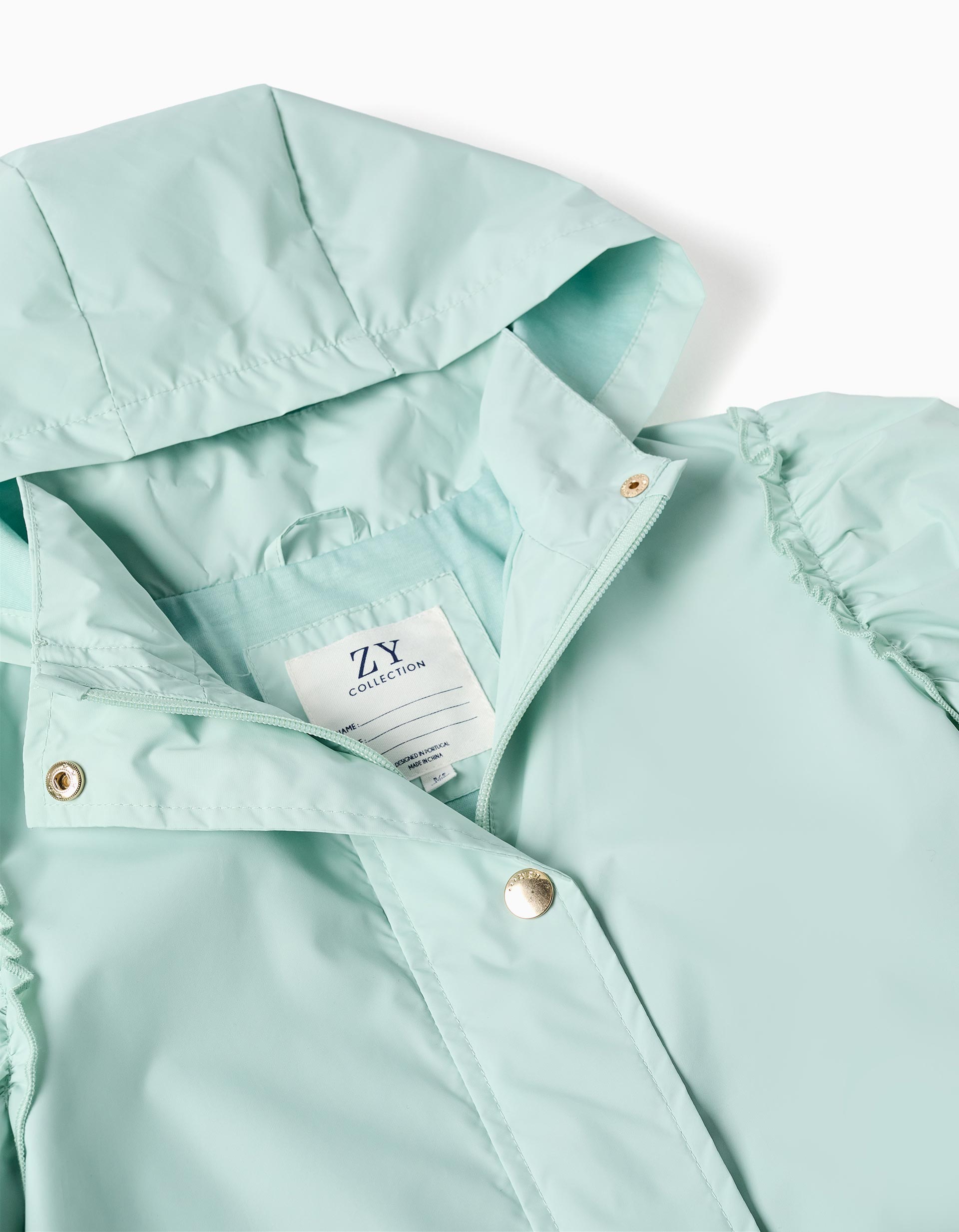 Casaco corta-vento com capuz e folhos para menina, azul-claro