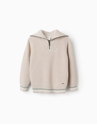 Pull en maille de coton à col zippé B&S pour garçon, beige