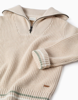 Pull en maille de coton à col zippé B&S pour garçon, beige